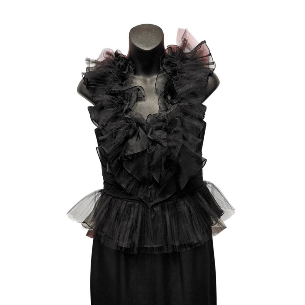 Marchesa Notte Black Silk Ruffle Peplum Maxi Column Gown Size 4 Sophisticated - Picture 3 of 14
